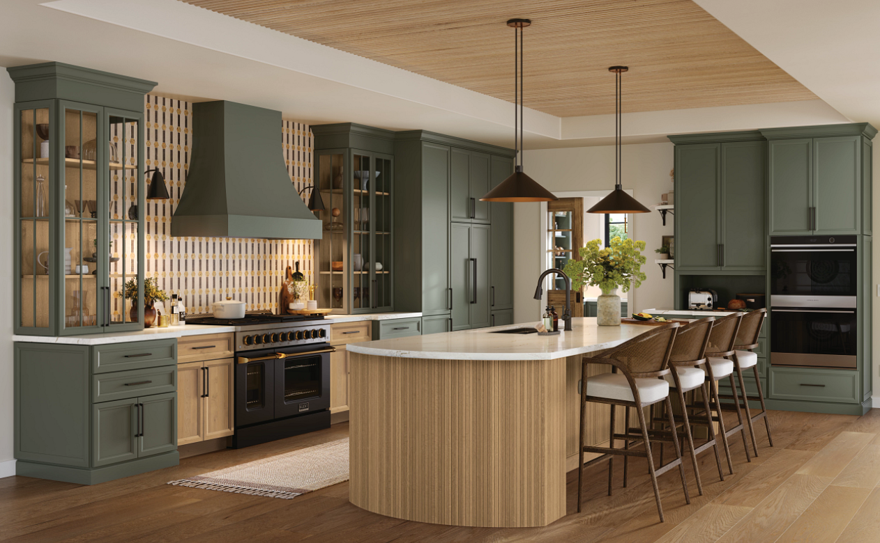 Kitchen with wooden kitchen island with storage