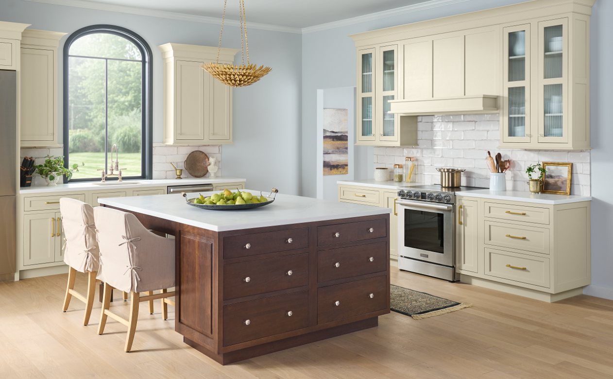 Kitchen with wooden kitchen island with storage