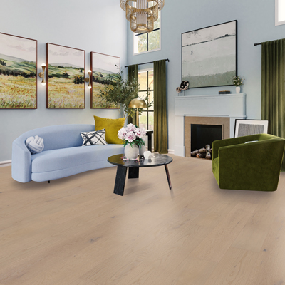 dusty blue couch and walls in a living room