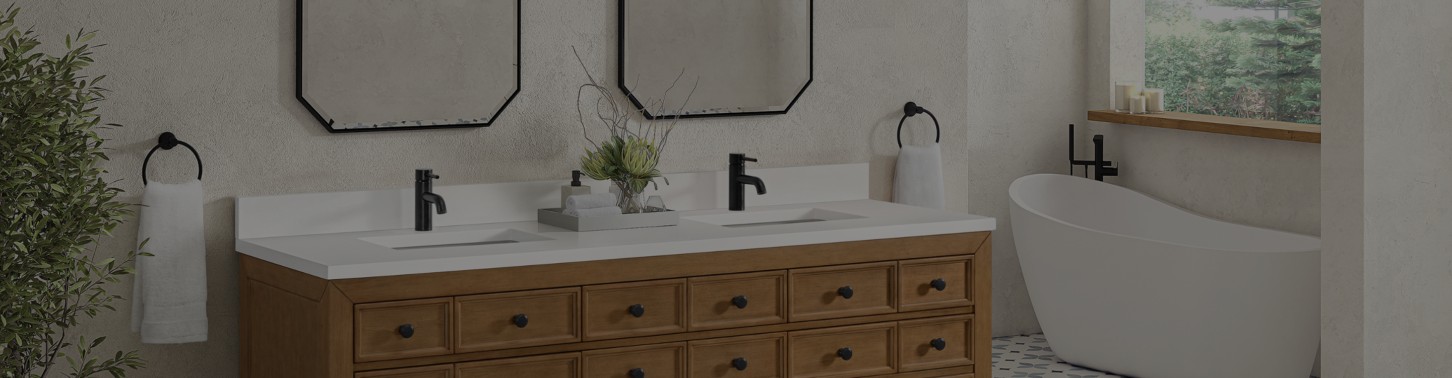 Black bathroom fixtures including tub, walk in tile shower, faucets, and sinks