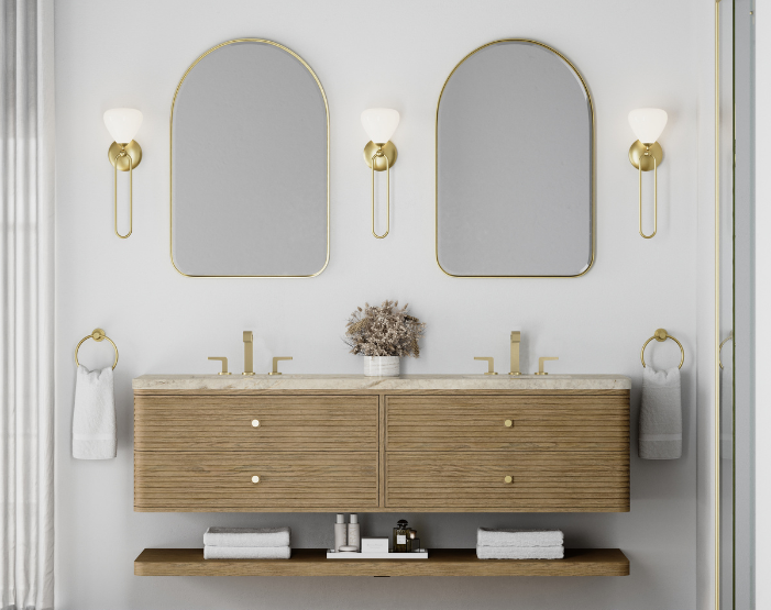 Floating bathroom vanity with gold hardware