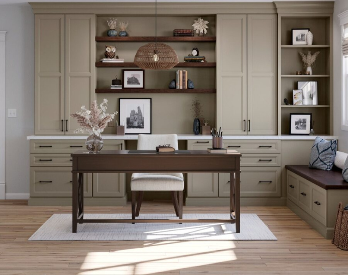 Home office with wood-look flooring, an area rug and built-in cabinets